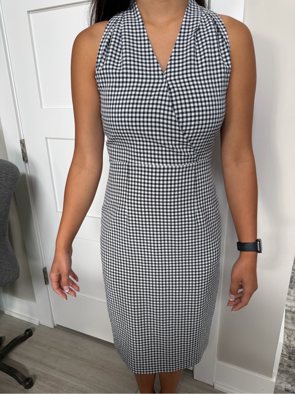 Navy White Gingham Seersucker Sleeveless Faux Wrap Dress Sz 2 Cremieux Structure